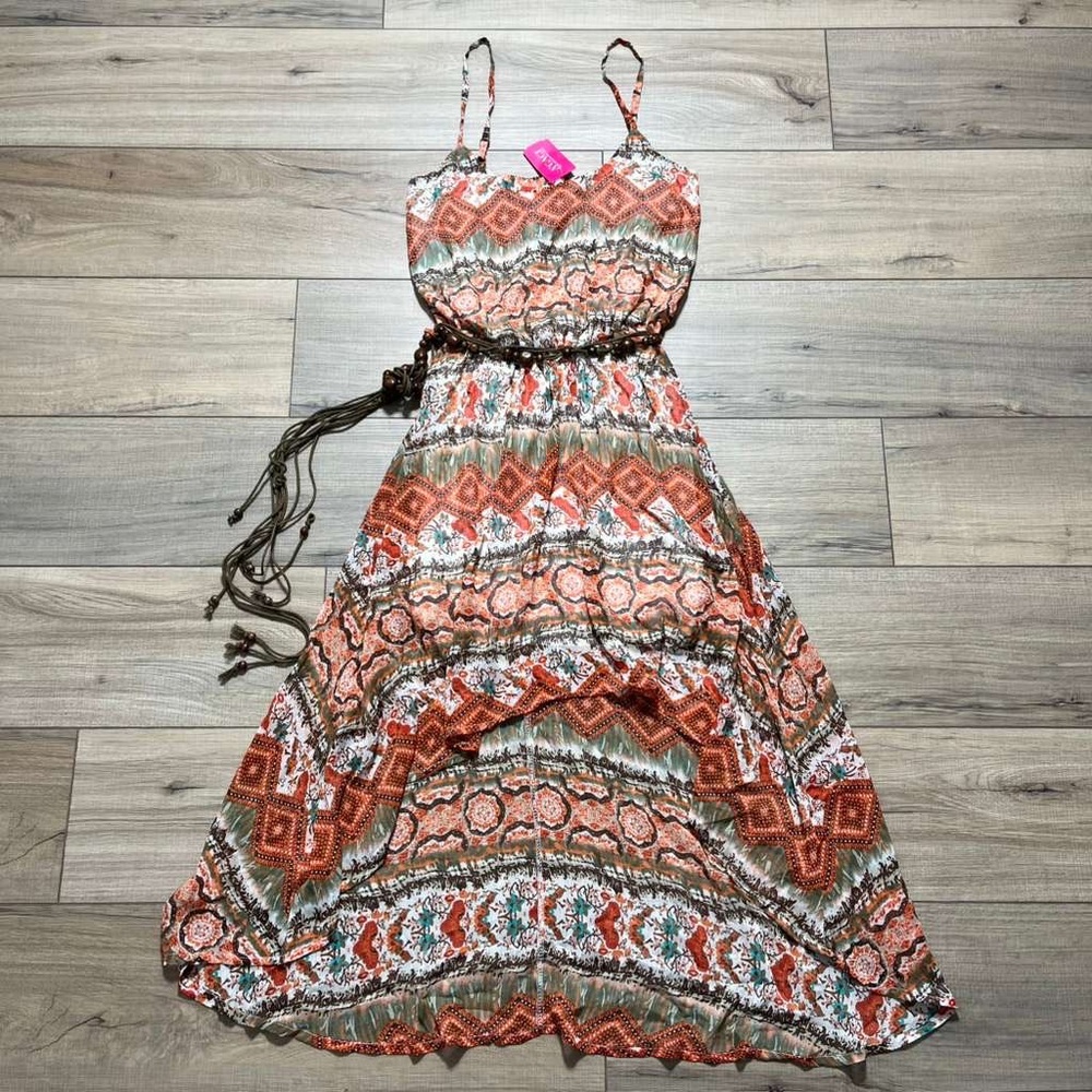 Poetry Womens High-Low Printed Belted Sleeveless Dress Size Small Orange White